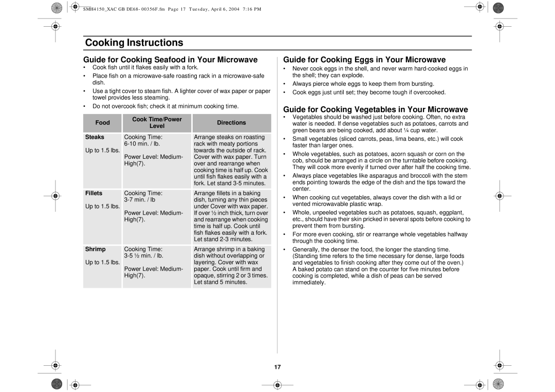 Samsung SMH4150 owner manual Cooking Instructions, Guide for Cooking Seafood in Your Microwave 