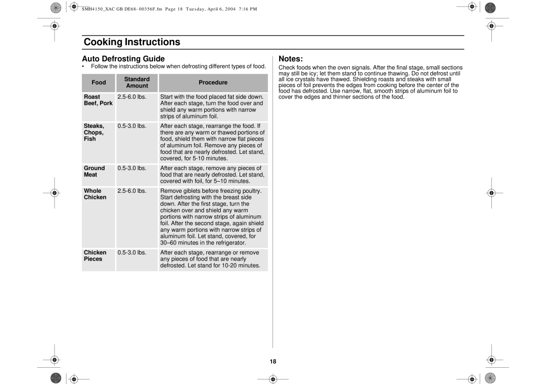 Samsung SMH4150 owner manual Auto Defrosting Guide 