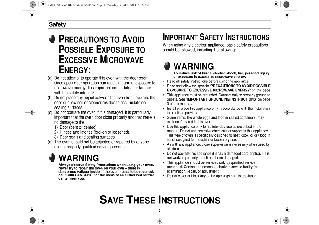 Samsung SMH4150 owner manual Safety 