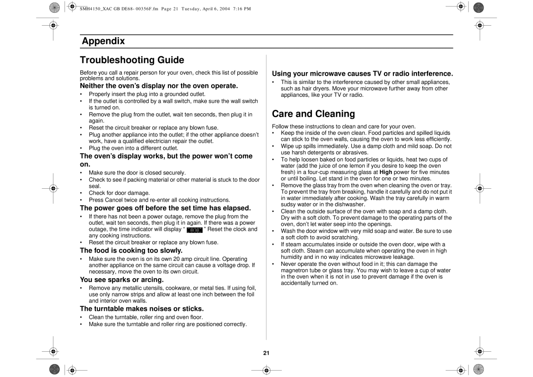 Samsung SMH4150 owner manual Appendix Troubleshooting Guide, Care and Cleaning 