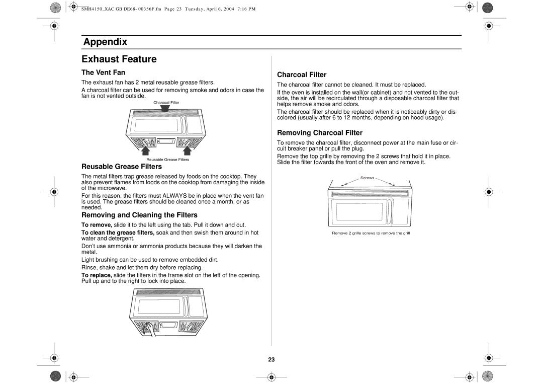 Samsung SMH4150 Appendix Exhaust Feature, Vent Fan Charcoal Filter, Removing Charcoal Filter, Reusable Grease Filters 