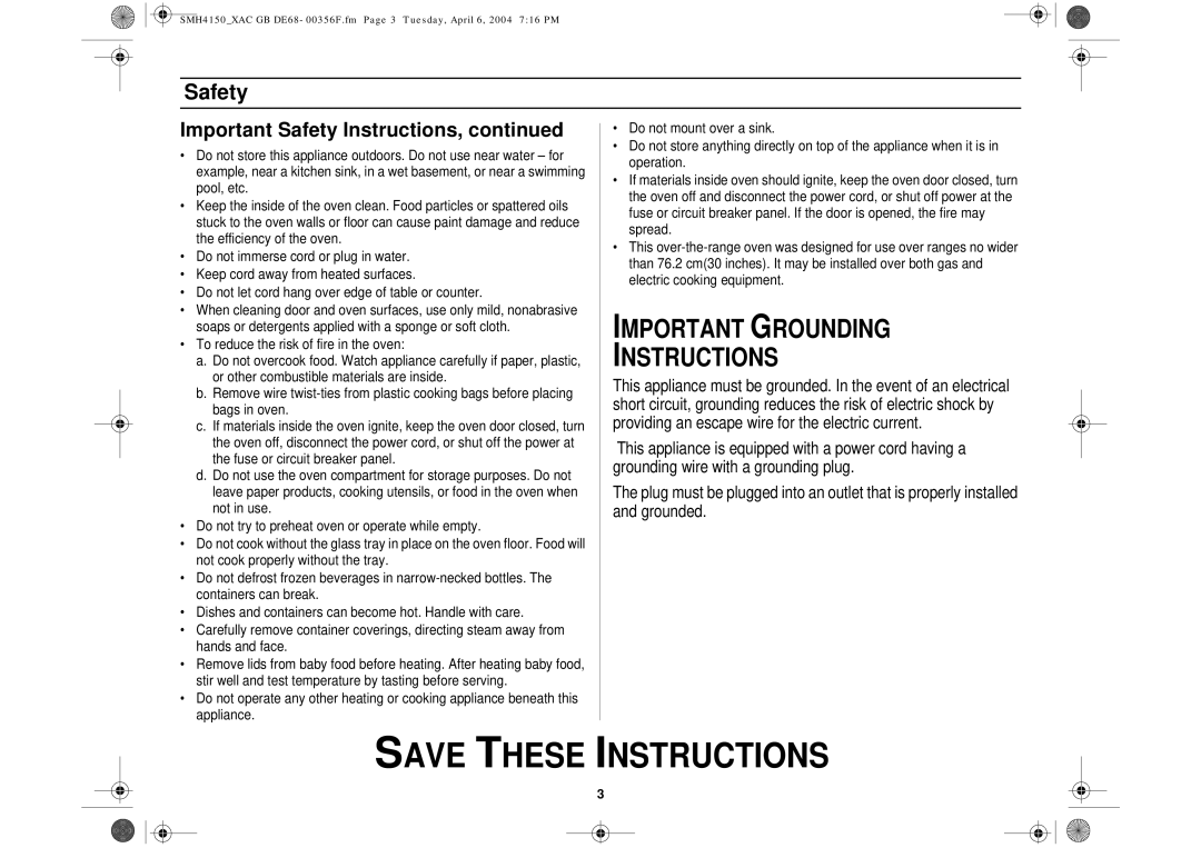 Samsung SMH4150 owner manual Important Grounding Instructions 