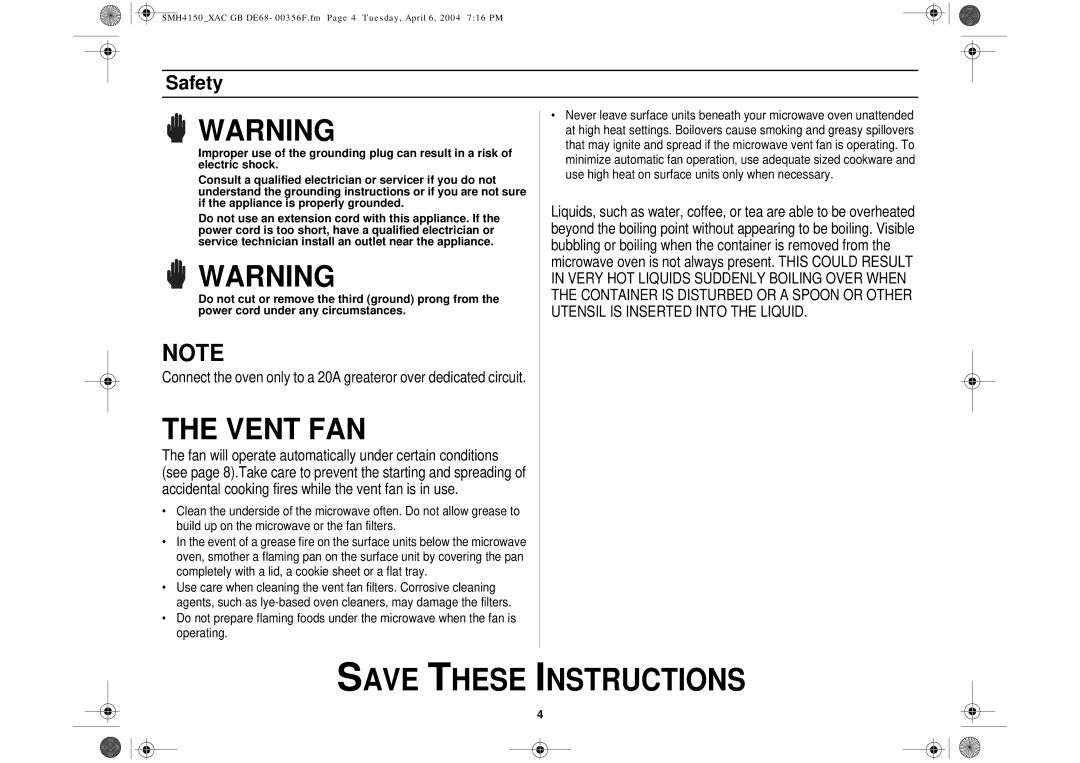 Samsung SMH4150 owner manual Vent FAN 