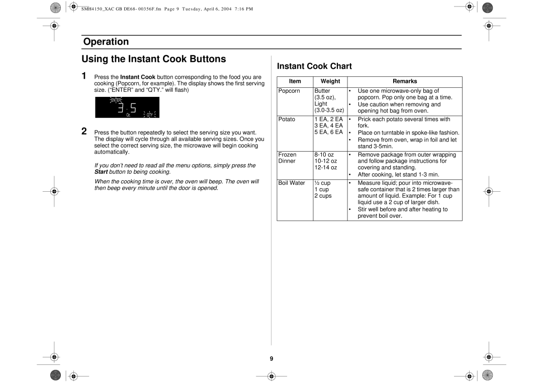 Samsung SMH4150 owner manual Instant Cook Chart, Weight Remarks 