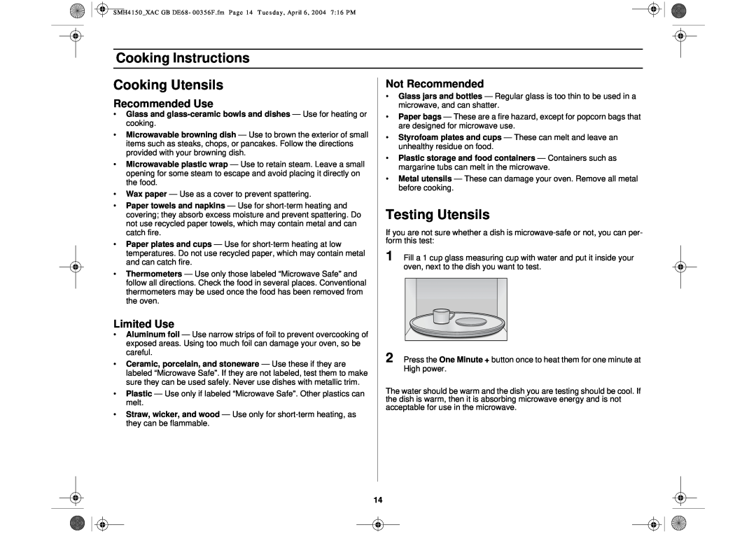 Samsung SMH4150 Cooking Instructions, Cooking Utensils, Testing Utensils, Recommended Use, Limited Use, Not Recommended 