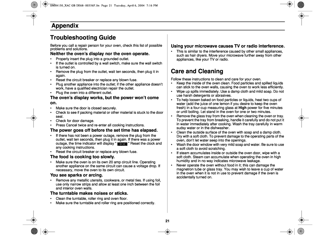 Samsung SMH4150 Appendix, Troubleshooting Guide, Care and Cleaning, Neither the oven’s display nor the oven operate 