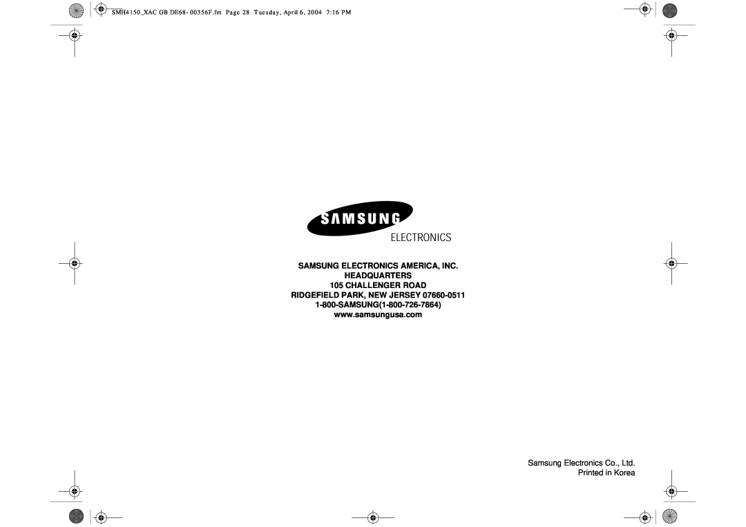 Samsung SMH4150 owner manual Samsung Electronics America, Inc Headquarters, Challenger Road Ridgefield Park, New Jersey 