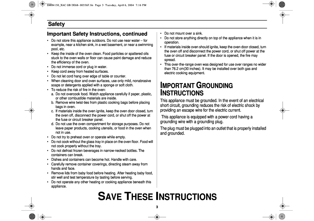 Samsung SMH4150 owner manual Important Grounding Instructions, Save These Instructions, Safety 