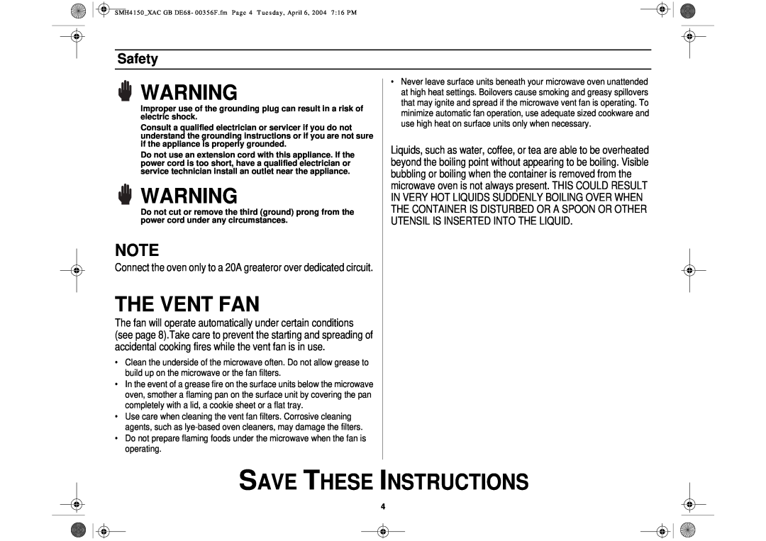 Samsung SMH4150 owner manual The Vent Fan, Save These Instructions, Safety 