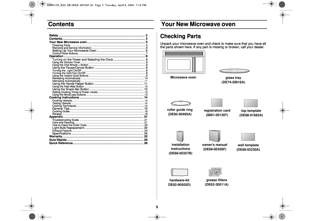 Samsung SMH4150 owner manual Contents, Your New Microwave oven, Checking Parts 