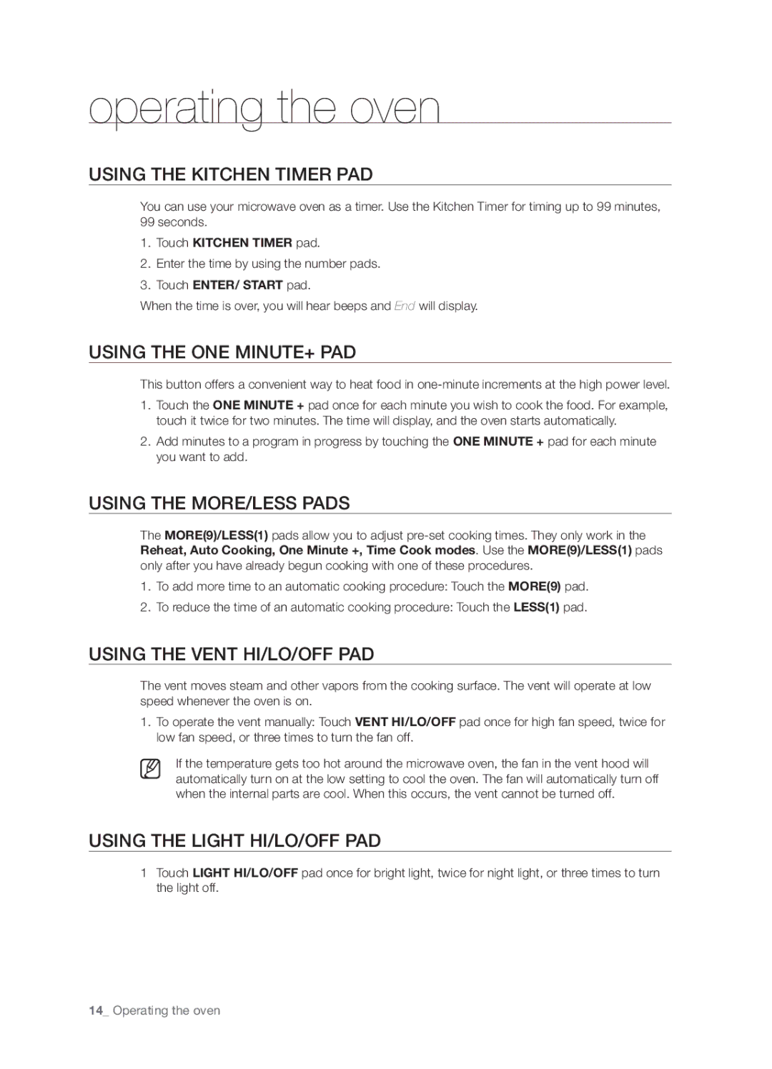 Samsung SMH5165 user manual Operating the oven 