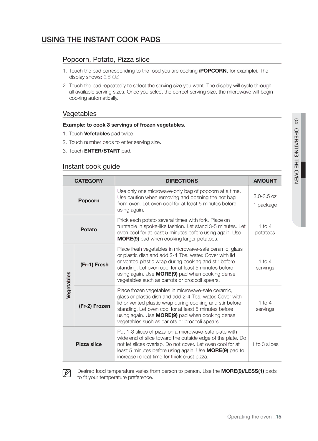 Samsung SMH5165 user manual Using the instant cook pads, Popcorn, Potato, Pizza slice, Vegetables, Instant cook guide 