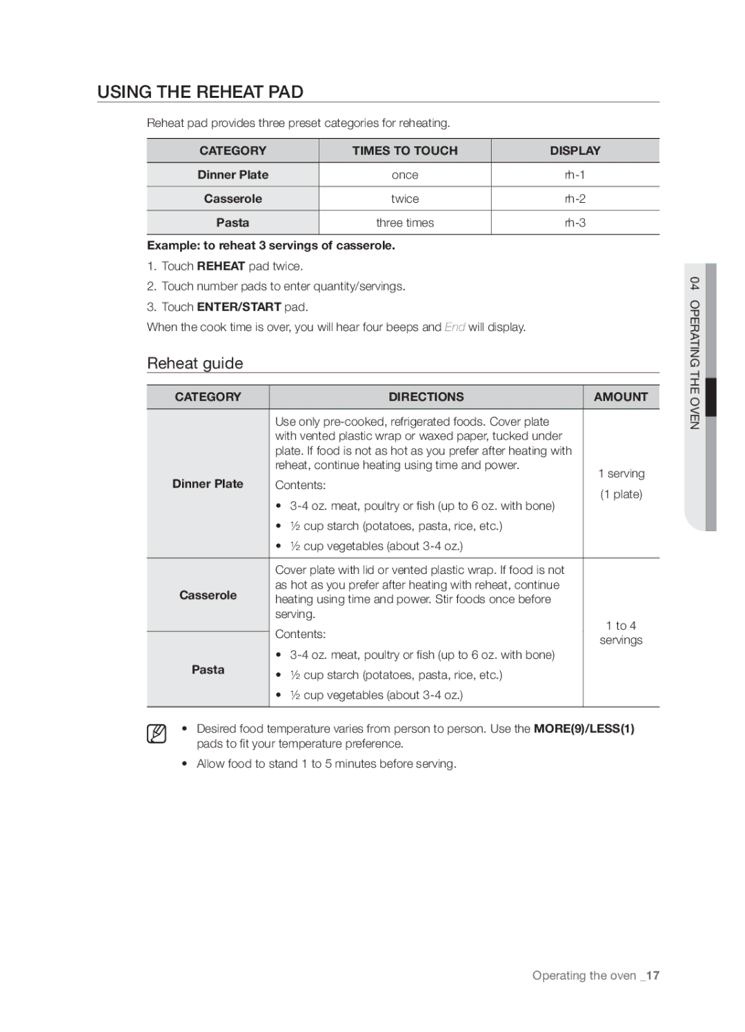 Samsung SMH5165 Using the reheat pad, Reheat guide, Dinner Plate, Pasta, Example to reheat 3 servings of casserole 