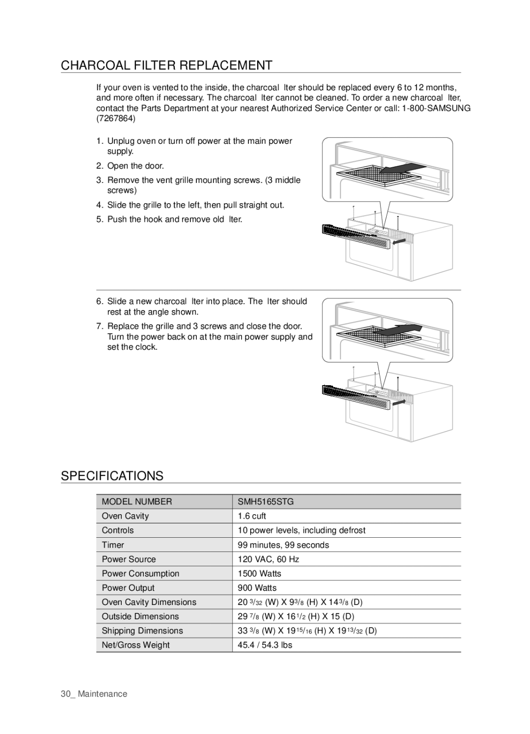 Samsung SMH5165 user manual CharCOaL fILter repLaCement, SpeCIfICatIOns, Model NUMbER SMh 16 STG 