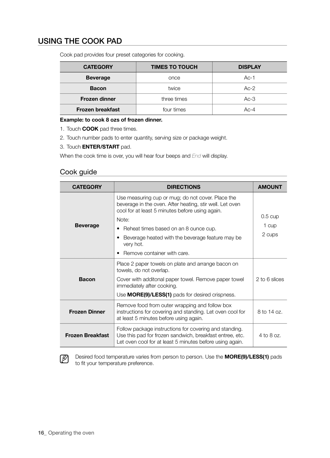 Samsung SMH5165 user manual Using the cook pad, Cook guide, Operating the oven 