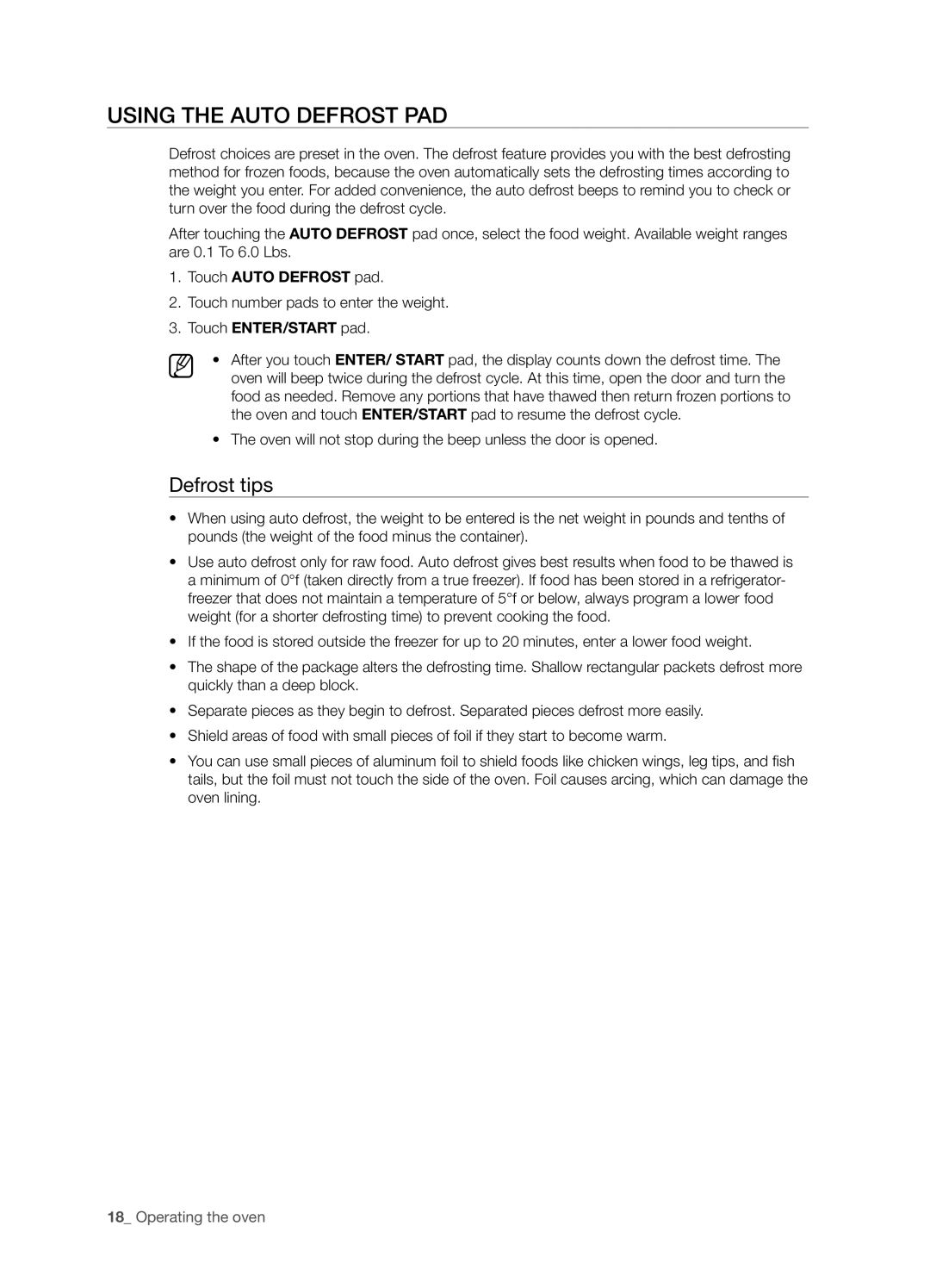 Samsung SMH5165 user manual Using the auto defrost pad, Defrost tips, Operating the oven 