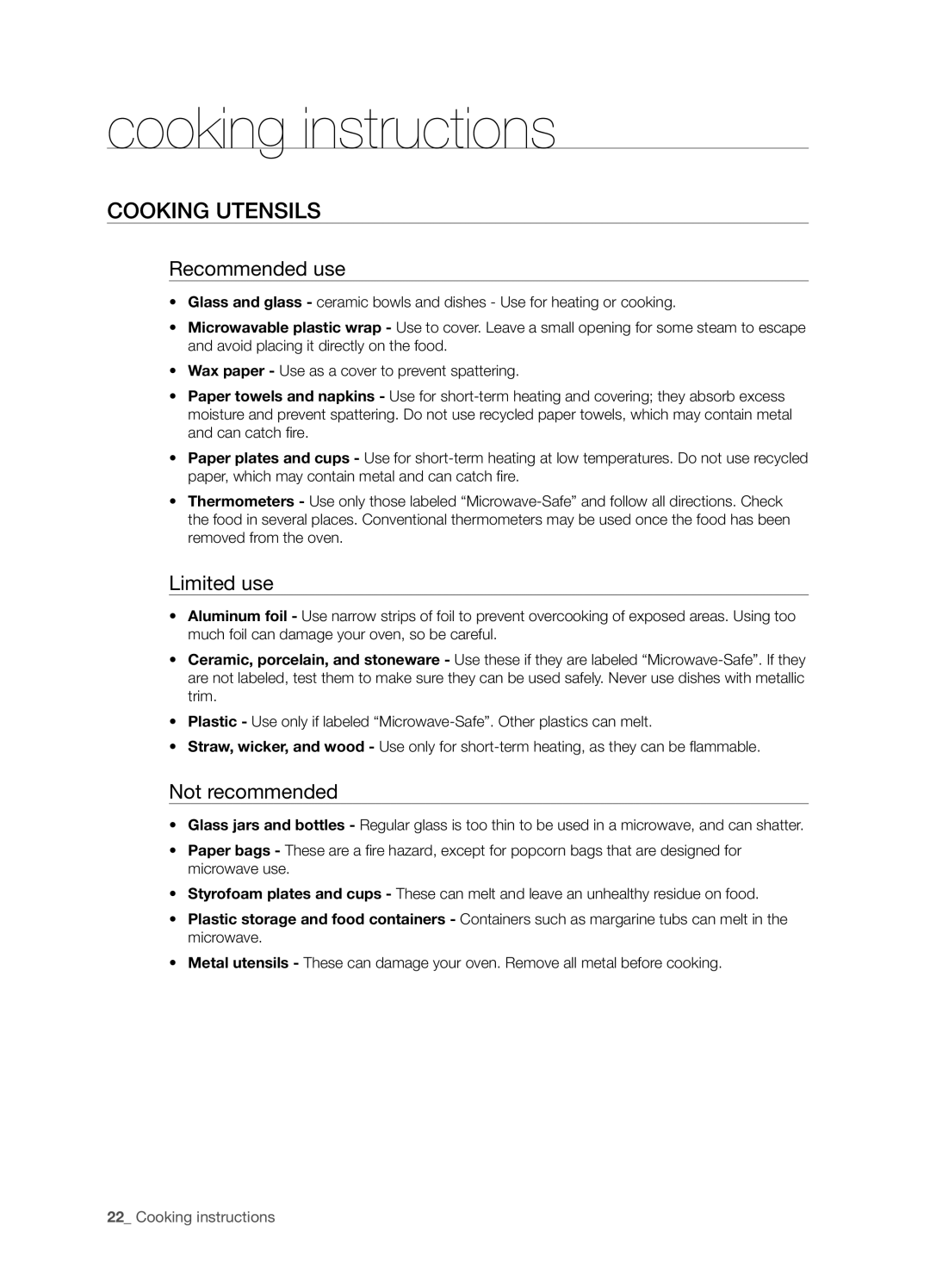 Samsung SMH5165 user manual cooking instructions, Cooking utensils, Recommended use, Limited use, Not recommended 