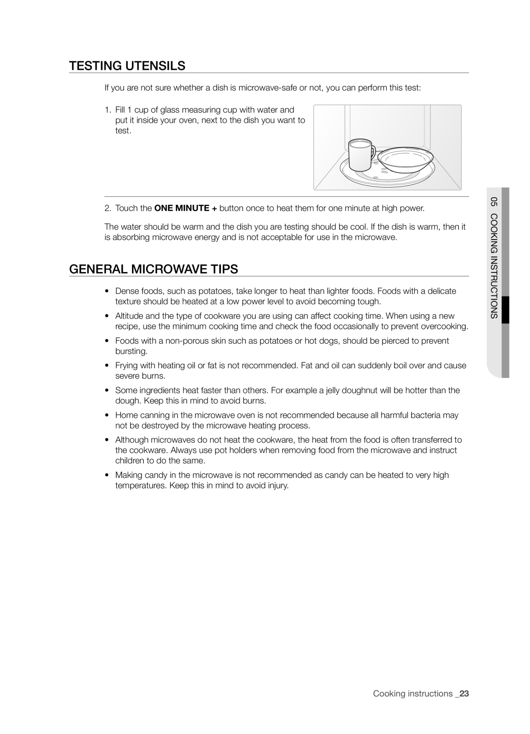 Samsung SMH5165 user manual Testing utensils, General microwave tips, Cooking instructions 