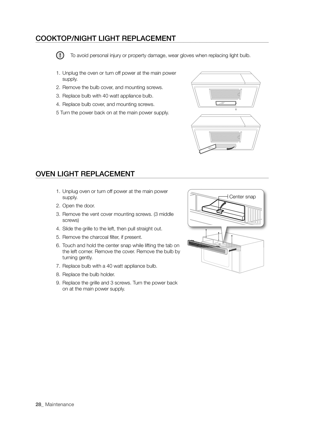 Samsung SMH5165 user manual COOktOp/nIght LIght repLaCement, Oven LIght repLaCement, Maintenance 