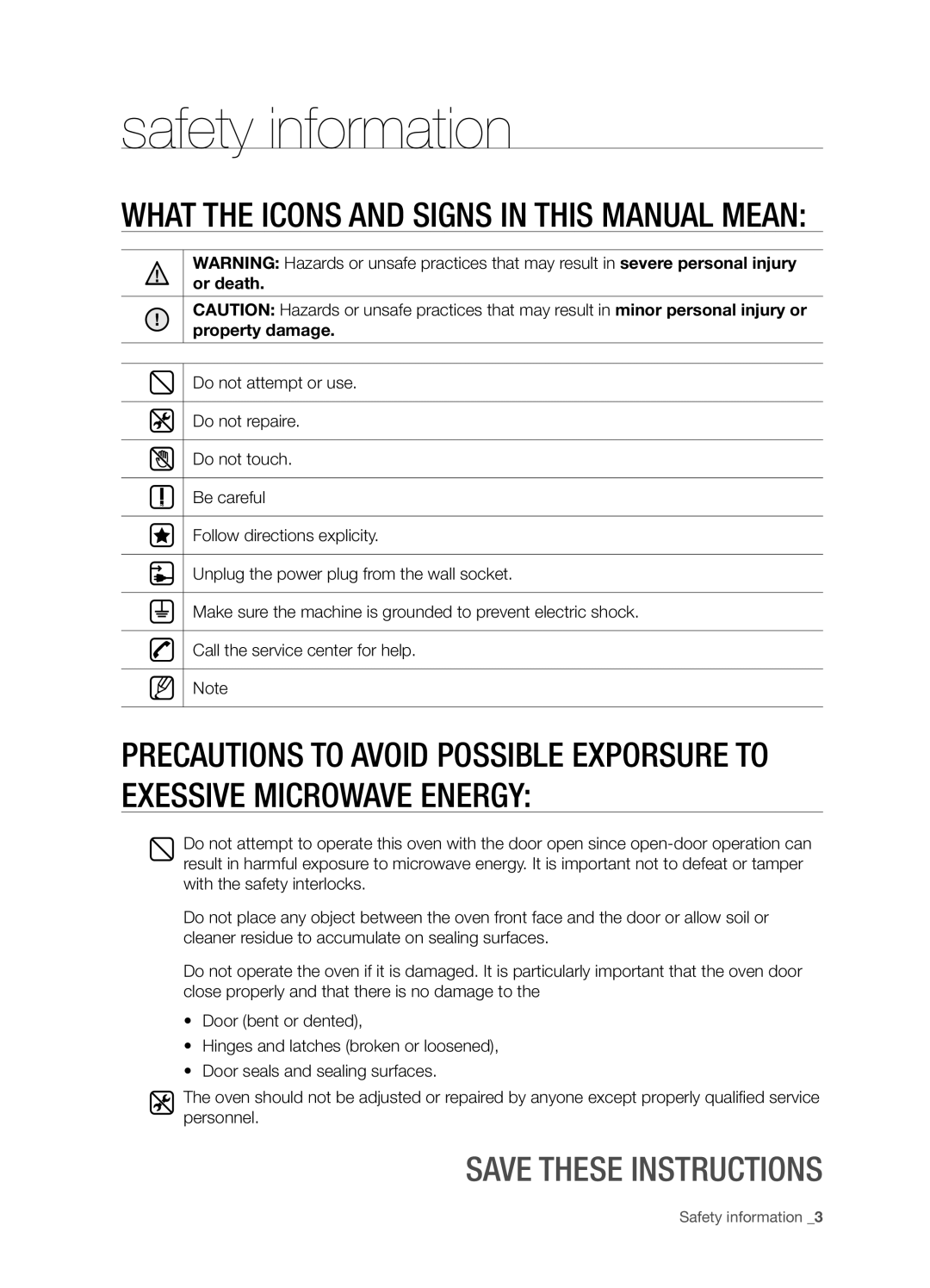 Samsung SMH5165 user manual safety information, what the icons and signs in this manual mean, Save These Instructions 