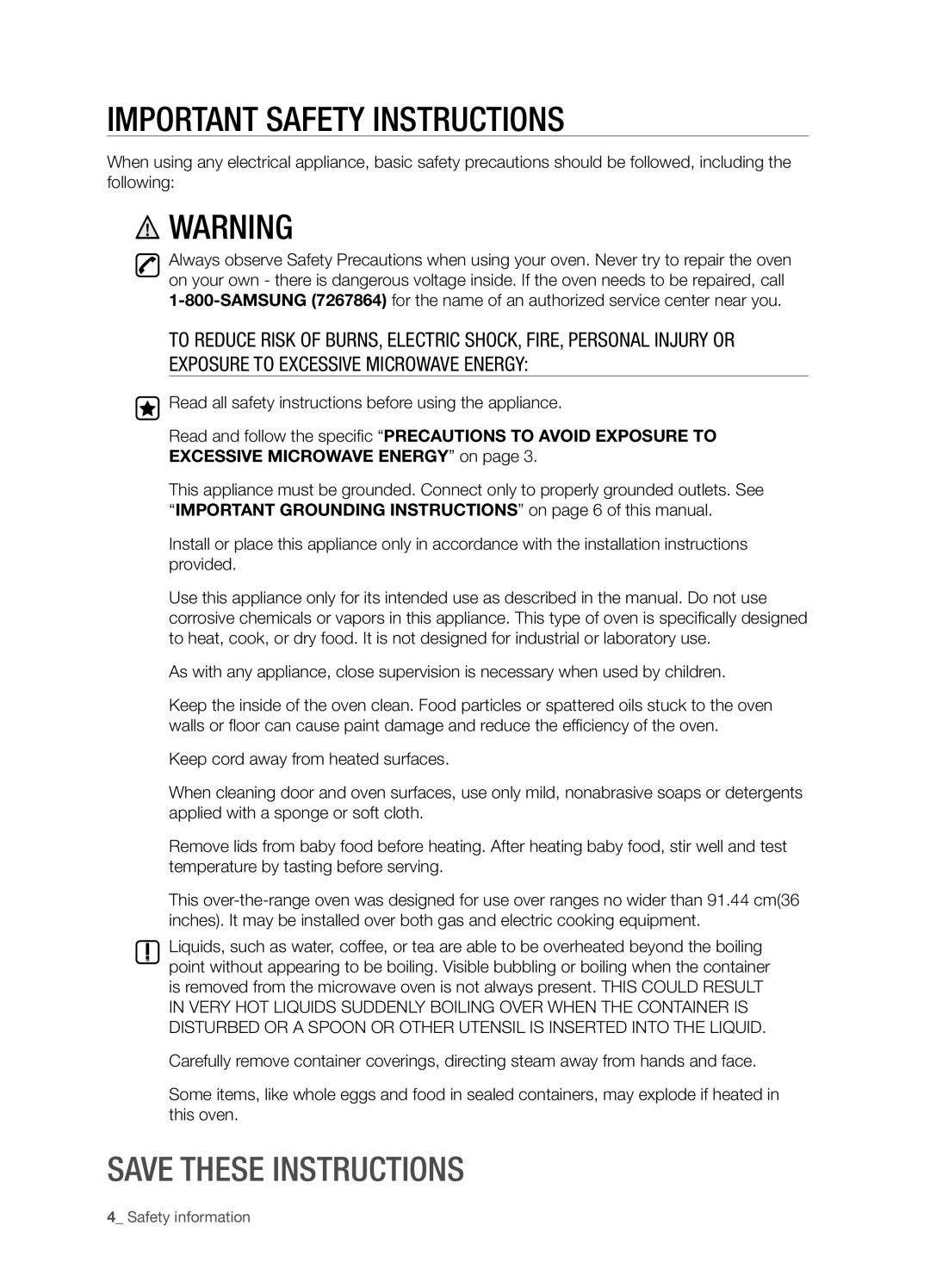 Samsung SMH5165 user manual Important Safety Instructions, Save These Instructions 