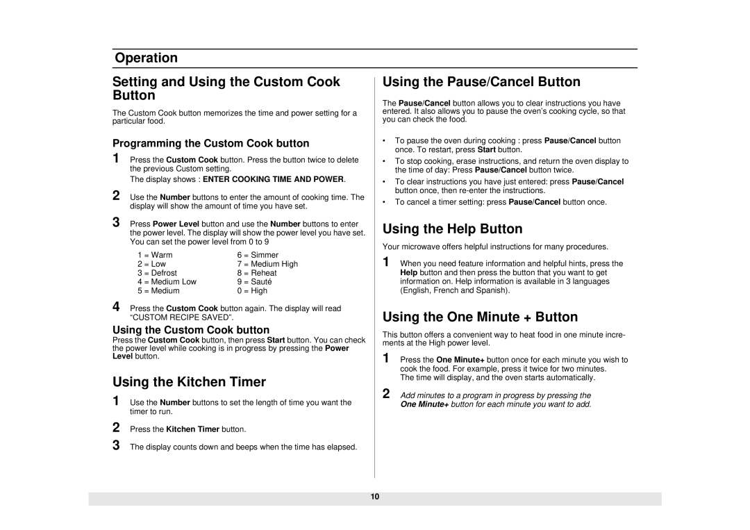 Samsung SMH6140BB, SMH6140CB manual Using the Help Button, Using the One Minute + Button, Using the Kitchen Timer 