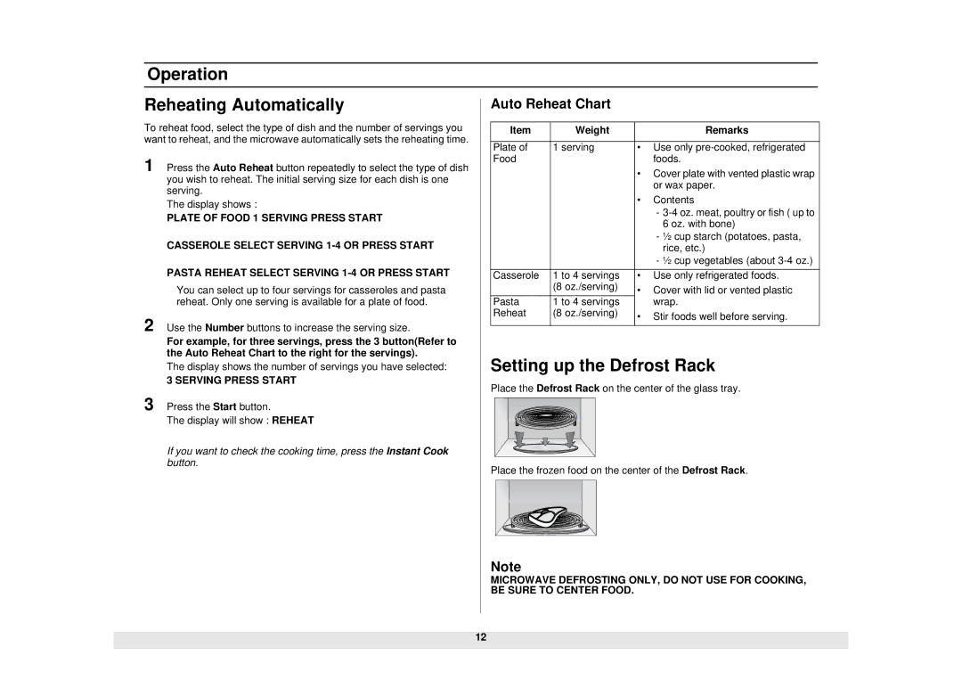 Samsung SMH6140BB, SMH6140CB manual Operation Reheating Automatically, Setting up the Defrost Rack, Auto Reheat Chart 