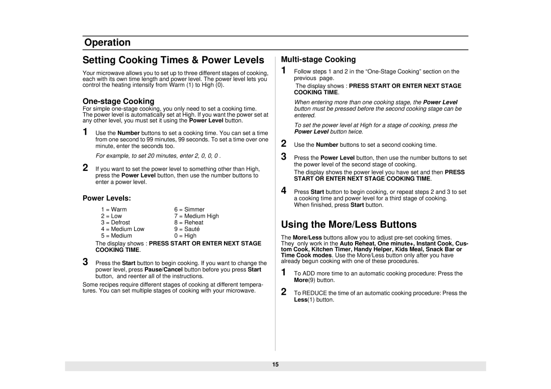 Samsung SMH6140CB manual Operation Setting Cooking Times & Power Levels, Using the More/Less Buttons, Multi-stage Cooking 