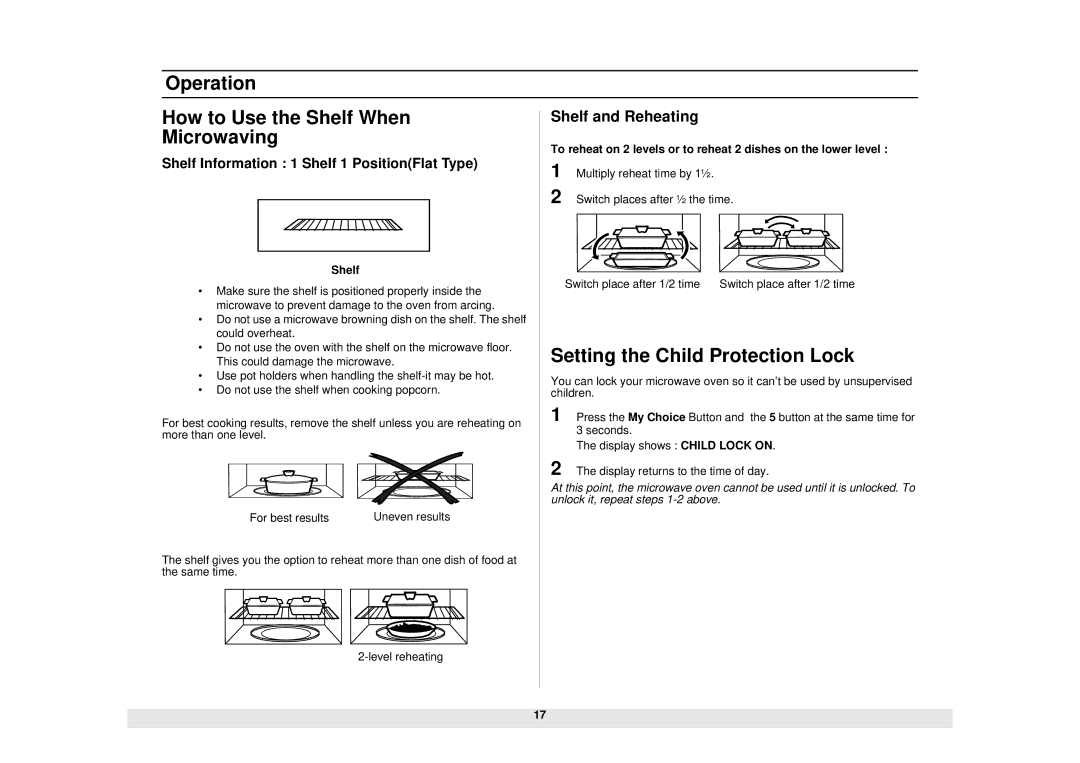 Samsung SMH6140CB Operation How to Use the Shelf When, Microwaving, Setting the Child Protection Lock, Shelf and Reheating 