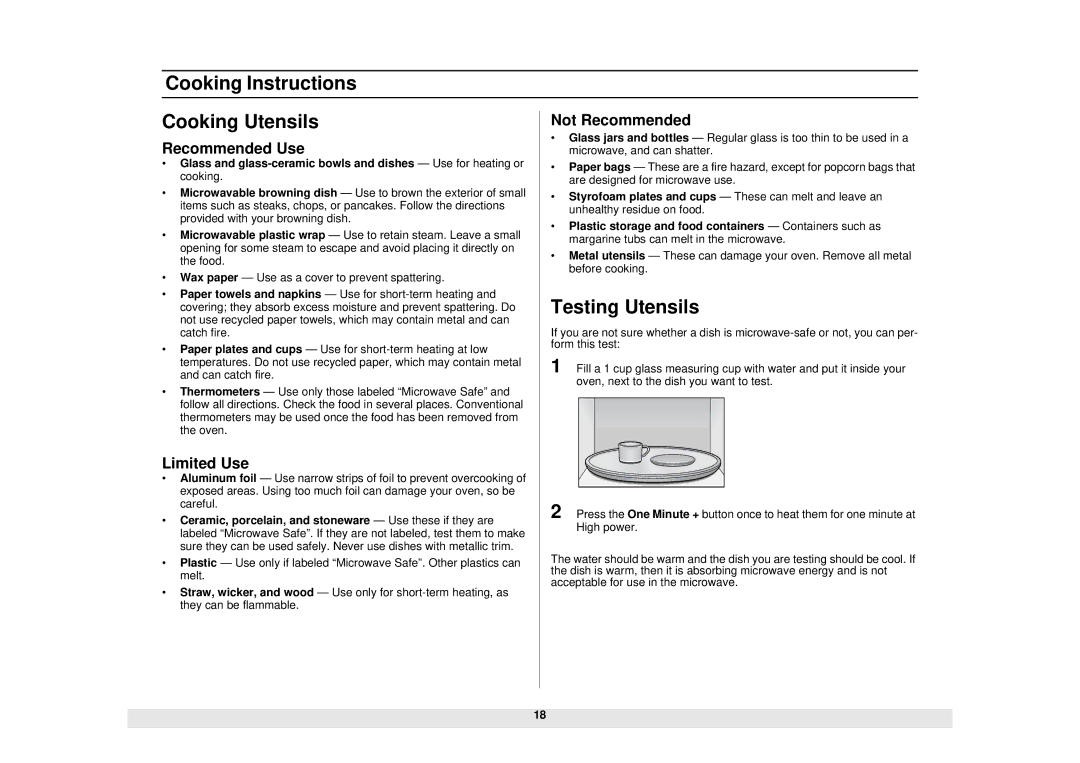 Samsung SMH6140BB Cooking Instructions Cooking Utensils, Testing Utensils, Recommended Use, Limited Use, Not Recommended 