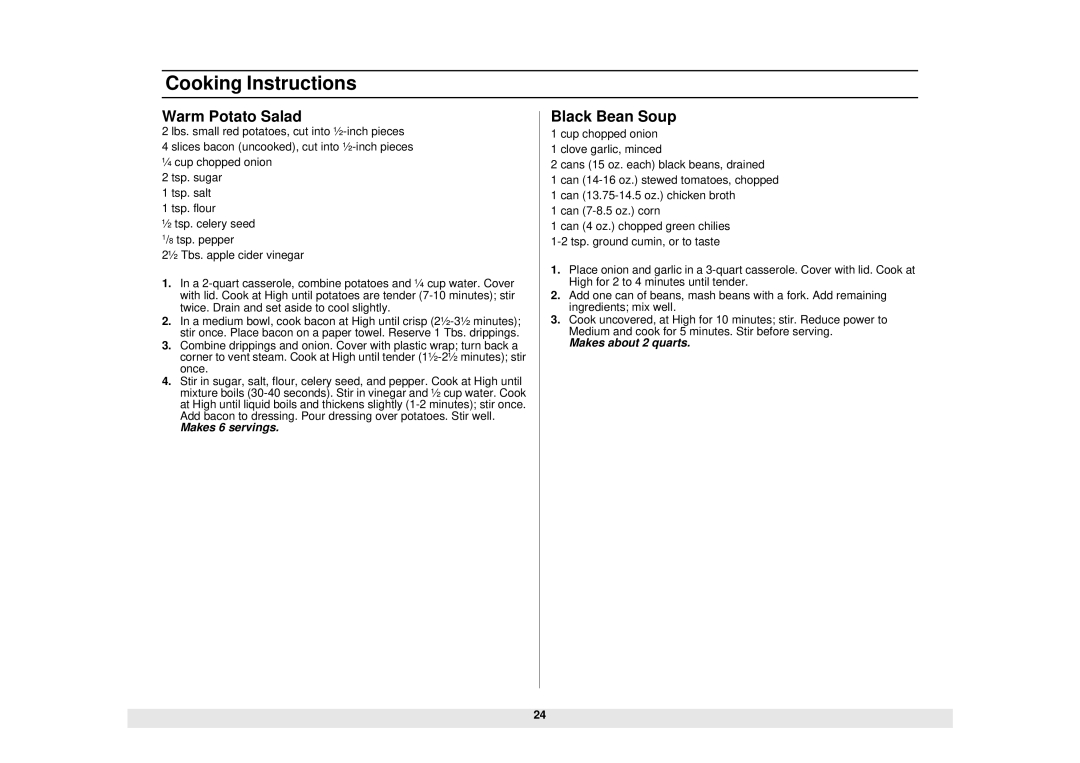 Samsung SMH6140BB, SMH6140CB manual Warm Potato Salad, Black Bean Soup 