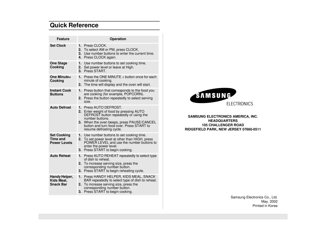 Samsung SMH6140BB, SMH6140CB manual Quick Reference 