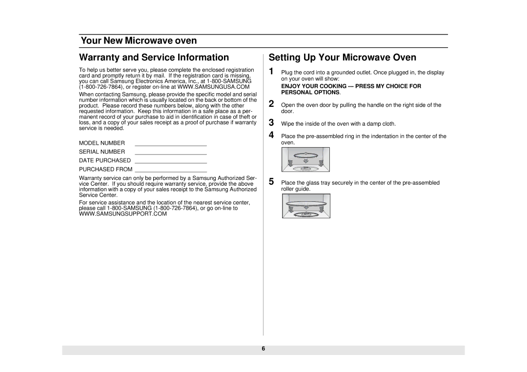 Samsung SMH6140BB Your New Microwave oven Warranty and Service Information, Model Number Serial Number Date Purchased 