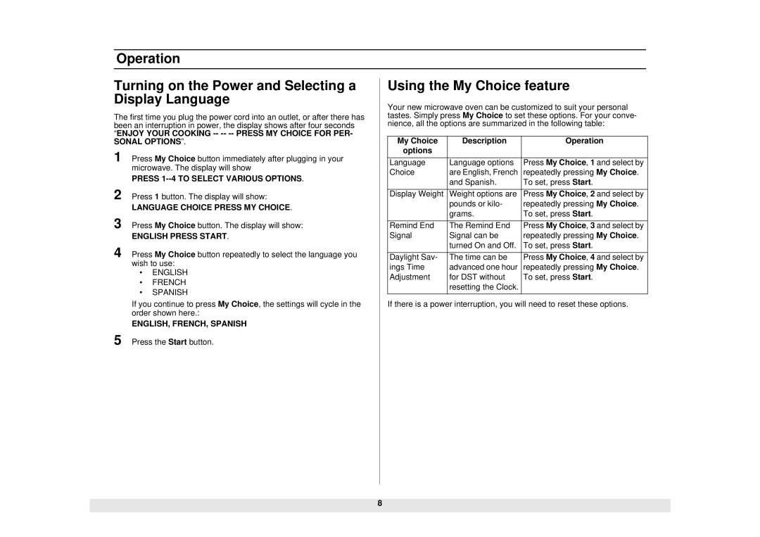 Samsung SMH6140BB, SMH6140CB manual My Choice Description Operation, Options 