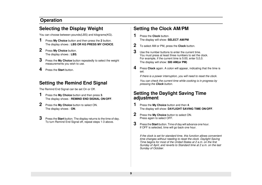 Samsung SMH6140CB, SMH6140BB manual Setting the Remind End Signal, Setting the Daylight Saving Time, Adjustment 