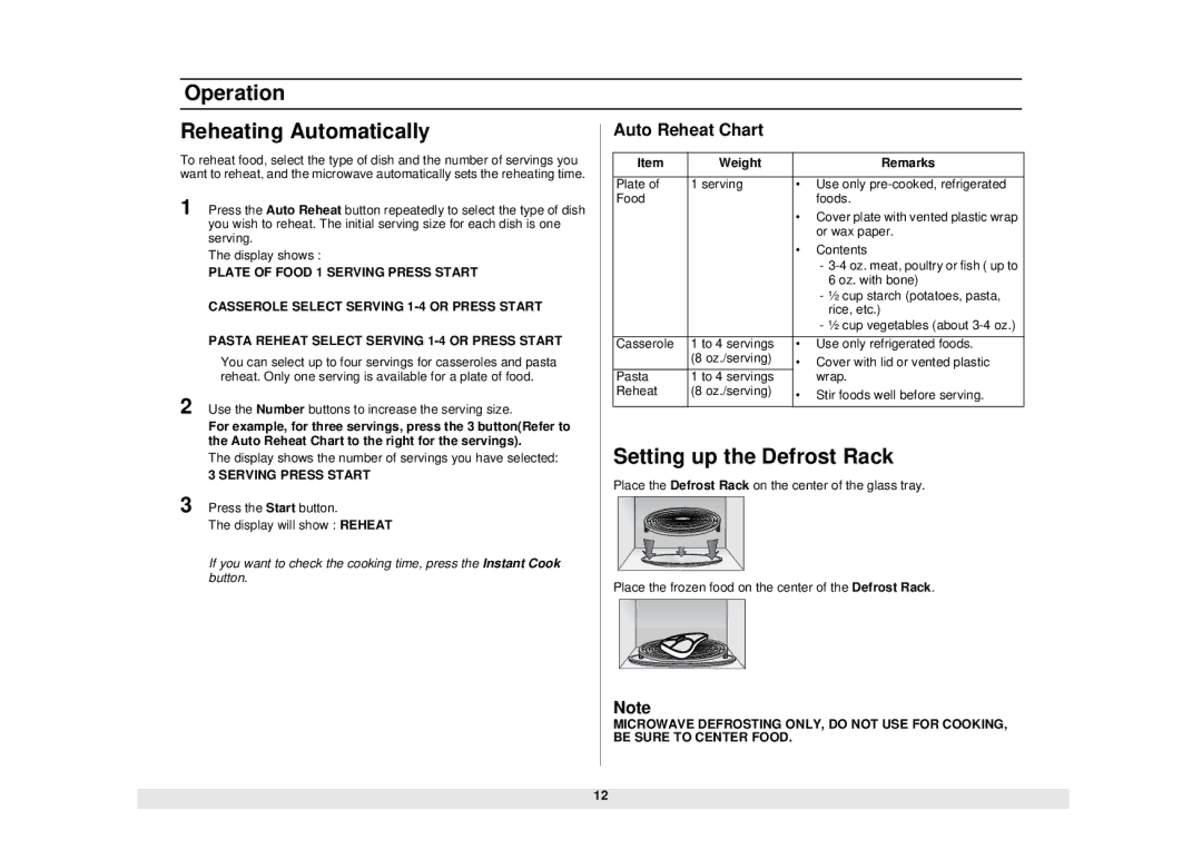 Samsung SMH6140WB owner manual Operation Reheating Automatically, Setting up the Defrost Rack, Auto Reheat Chart 