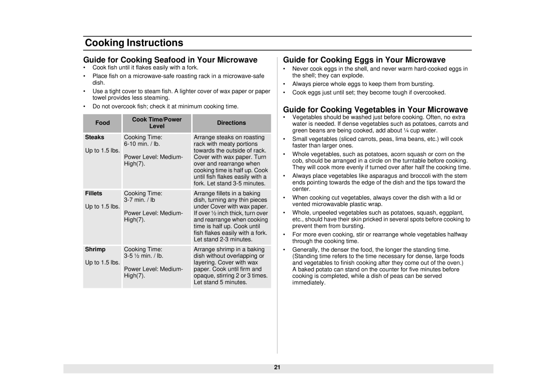 Samsung SMH6140WB owner manual Cooking Instructions, Guide for Cooking Seafood in Your Microwave 