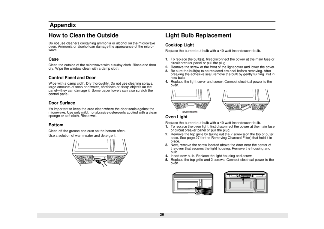 Samsung SMH6140WB owner manual Appendix How to Clean the Outside Light Bulb Replacement 