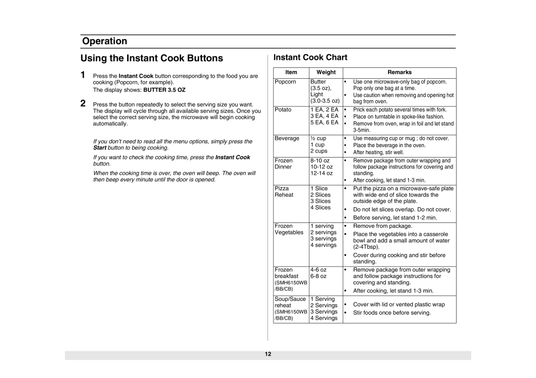 Samsung SMH6150WB, SMH6150BB, SMH6150CB owner manual Operation Using the Instant Cook Buttons, Weight Remarks 