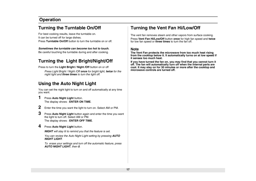 Samsung SMH6150CB, SMH6150WB, SMH6150BB owner manual Turning the Light Bright/Night/Off, Using the Auto Night Light 