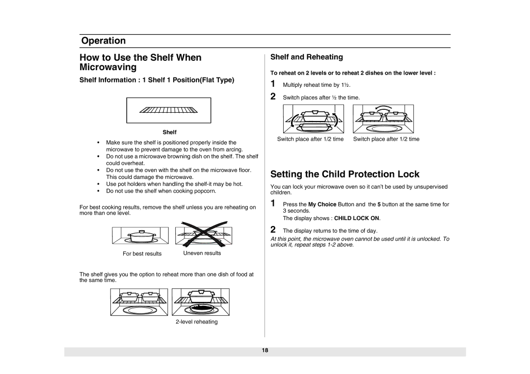 Samsung SMH6150WB Operation How to Use the Shelf When, Microwaving, Setting the Child Protection Lock, Shelf and Reheating 