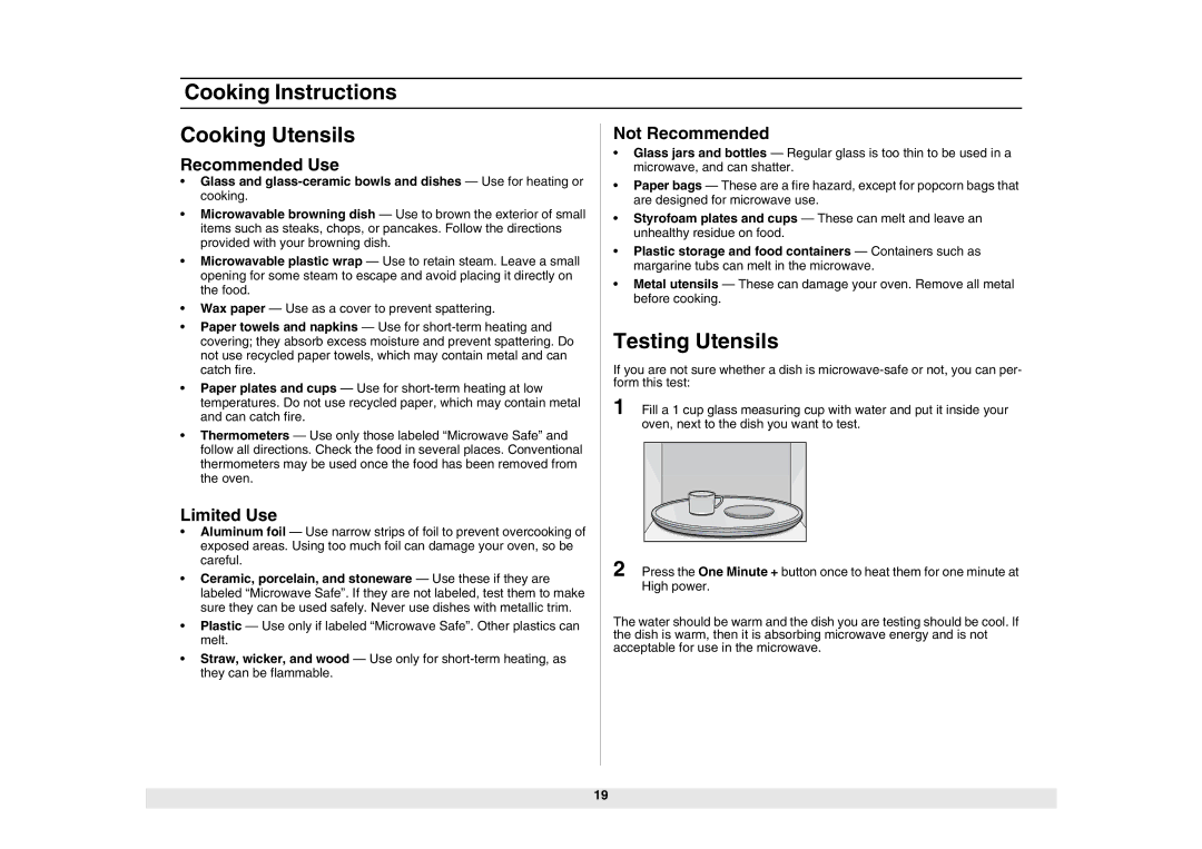 Samsung SMH6150BB Cooking Instructions Cooking Utensils, Testing Utensils, Recommended Use, Limited Use, Not Recommended 