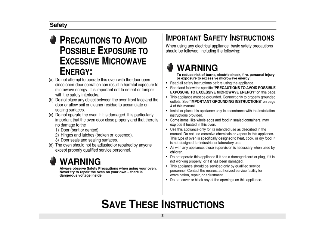 Samsung SMH6150CB, SMH6150WB, SMH6150BB owner manual Save These, Safety 