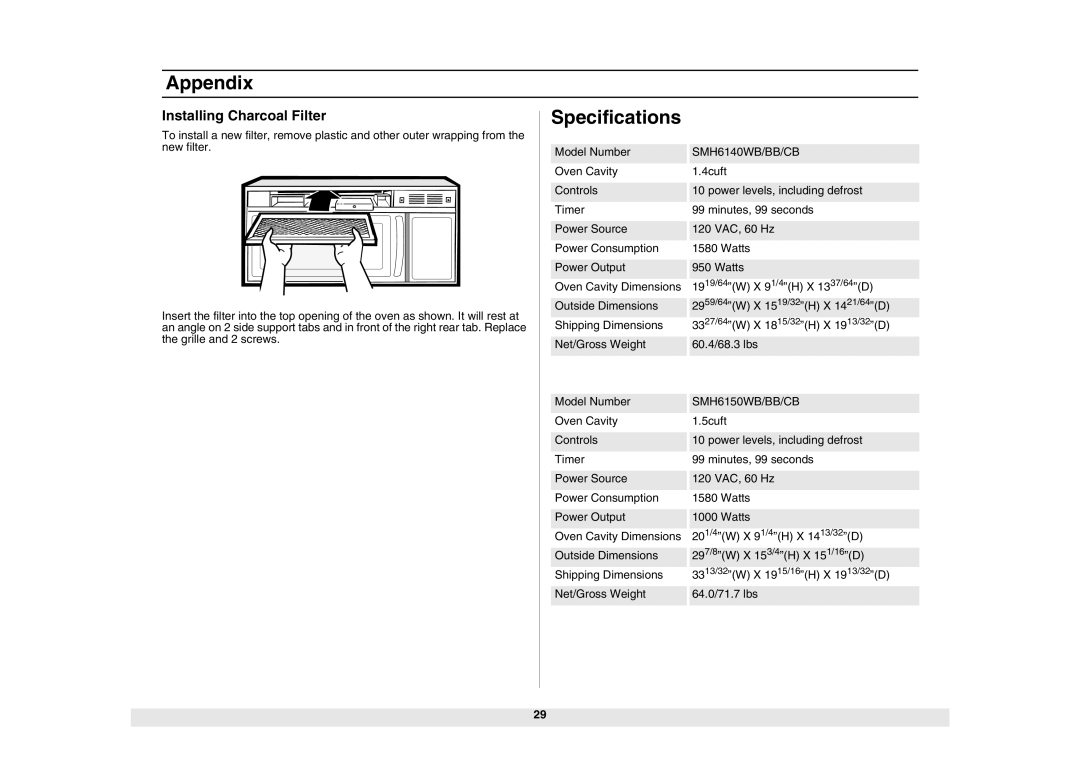 Samsung SMH6150CB, SMH6150WB, SMH6150BB owner manual Appendix, Specifications, Installing Charcoal Filter 