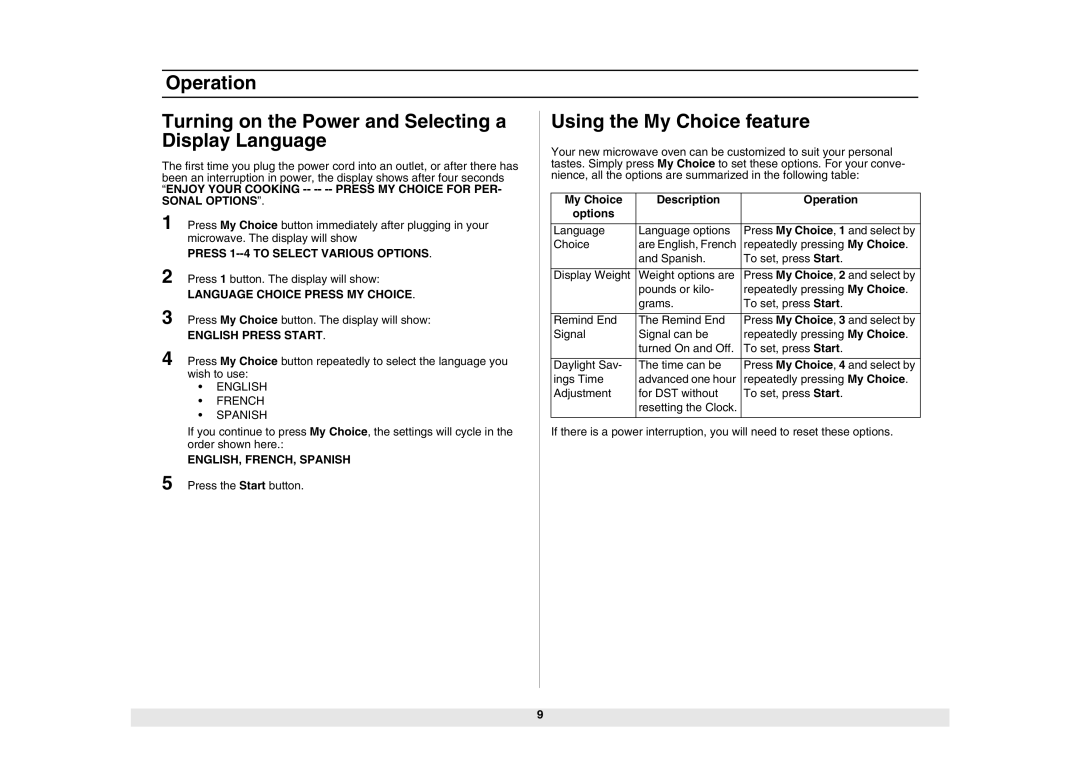 Samsung SMH6150WB, SMH6150BB, SMH6150CB owner manual My Choice Description Operation, Options 