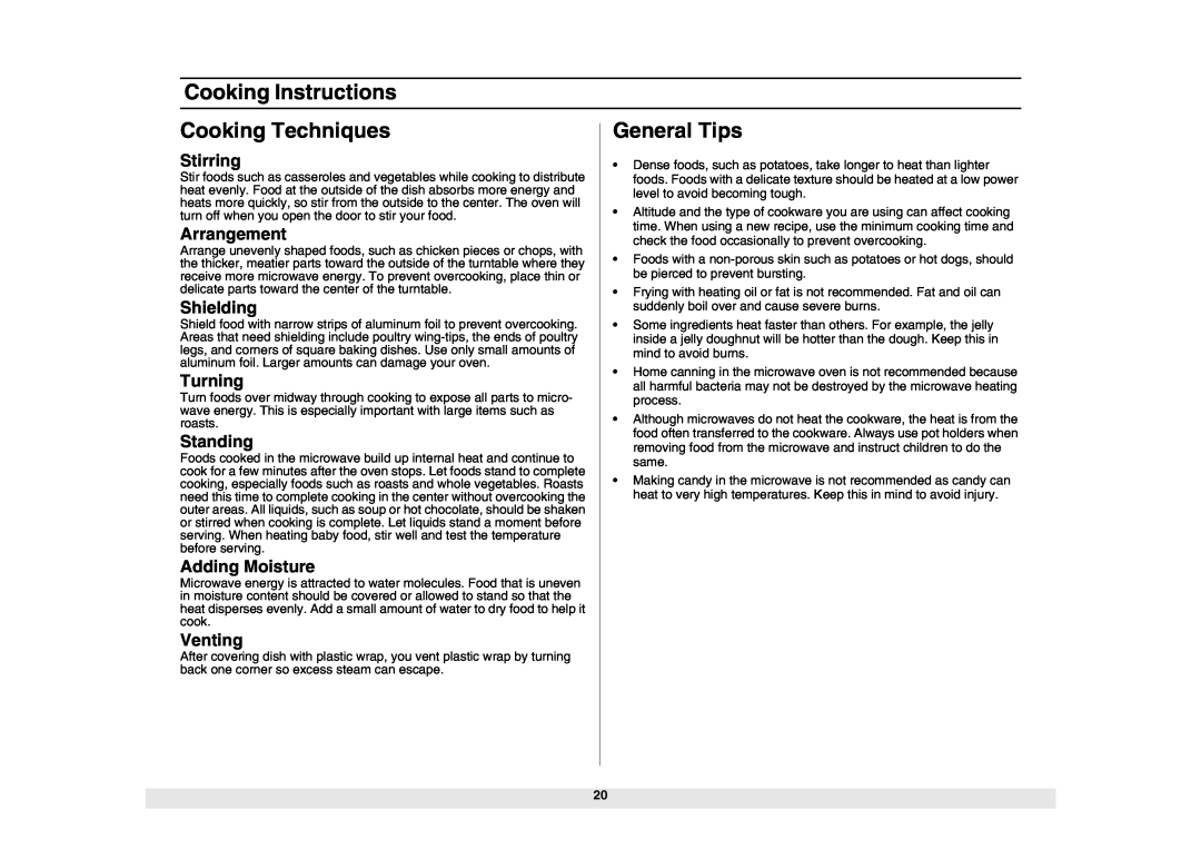 Samsung SMH6150CB Cooking Techniques, General Tips, Stirring, Arrangement, Shielding, Turning, Standing, Adding Moisture 