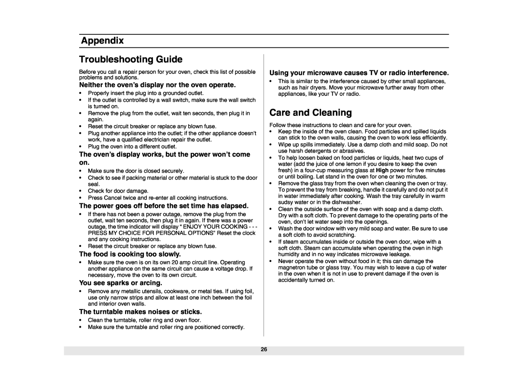 Samsung SMH6150CB Appendix, Troubleshooting Guide, Care and Cleaning, Neither the oven’s display nor the oven operate 