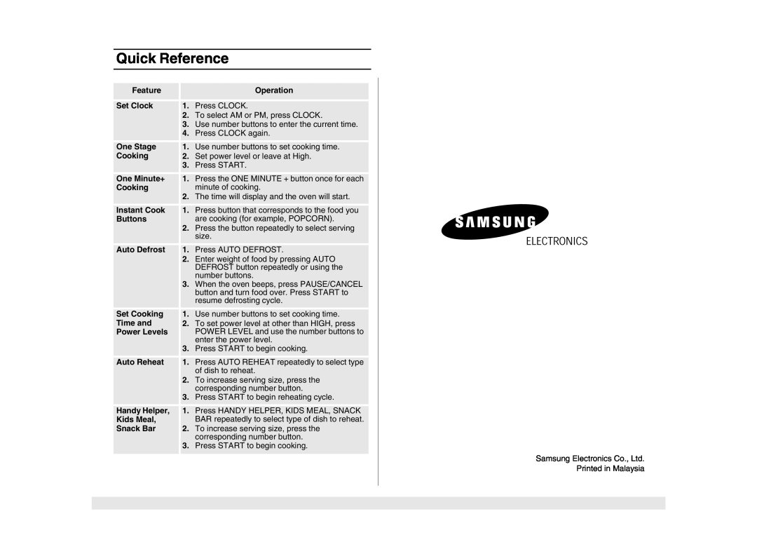 Samsung SMH6150BB, SMH6150WB, SMH6150CB owner manual Quick Reference 