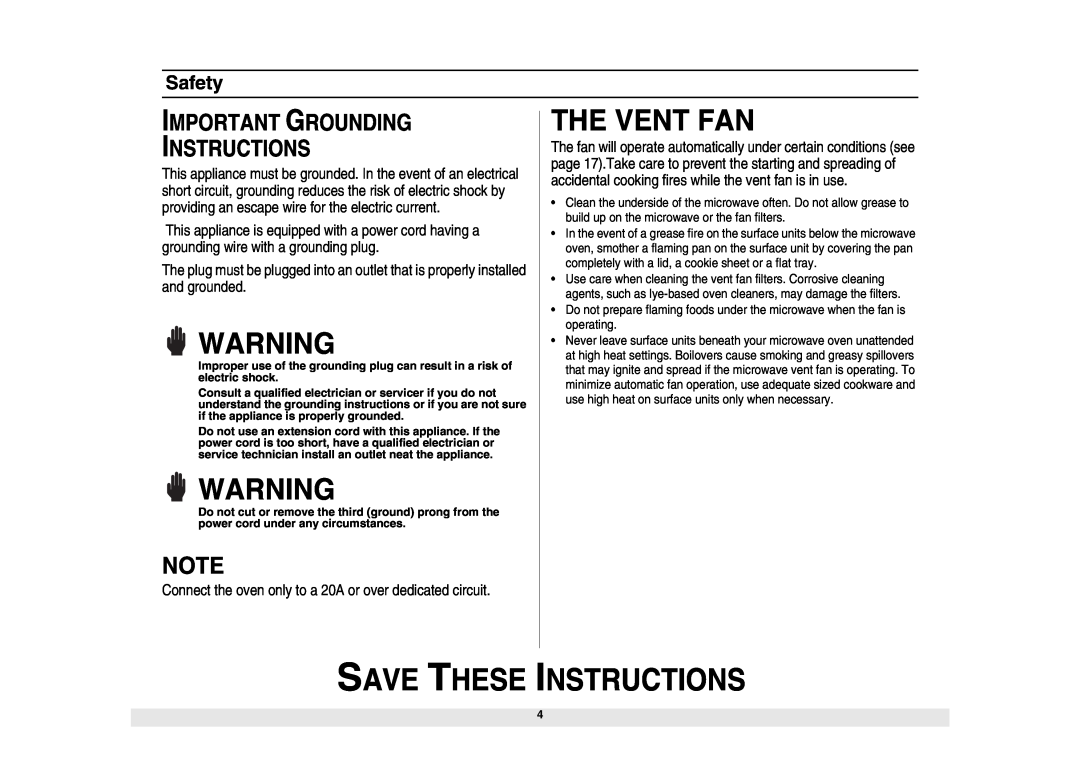 Samsung SMH6150BB, SMH6150WB, SMH6150CB The Vent Fan, Important Grounding Instructions, Save These Instructions, Safety 