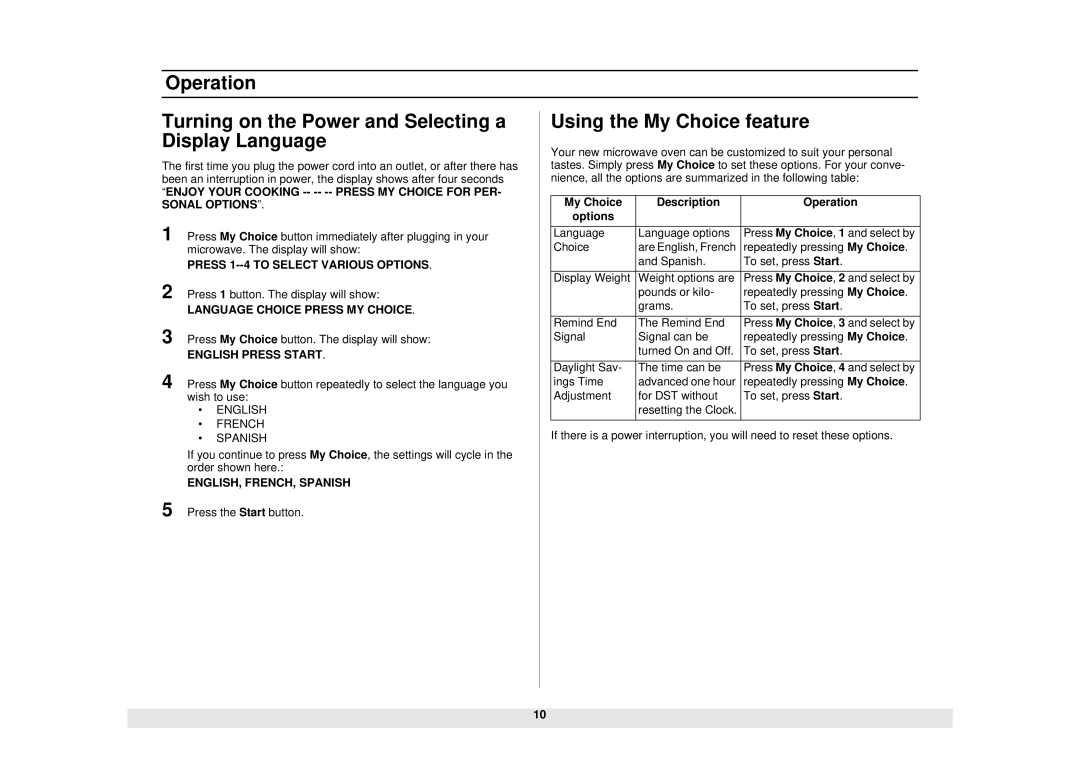 Samsung SMH6140WB/BB/CB, SMH6160WB/BB/CB, SMH5140WB/BB manual My Choice Description Operation, Options 